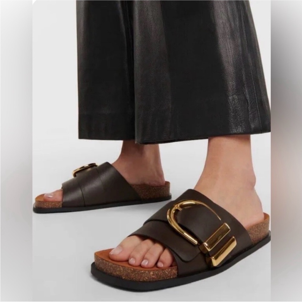 KHAITE Brown Leather Slide Sandals with Buckle Detail